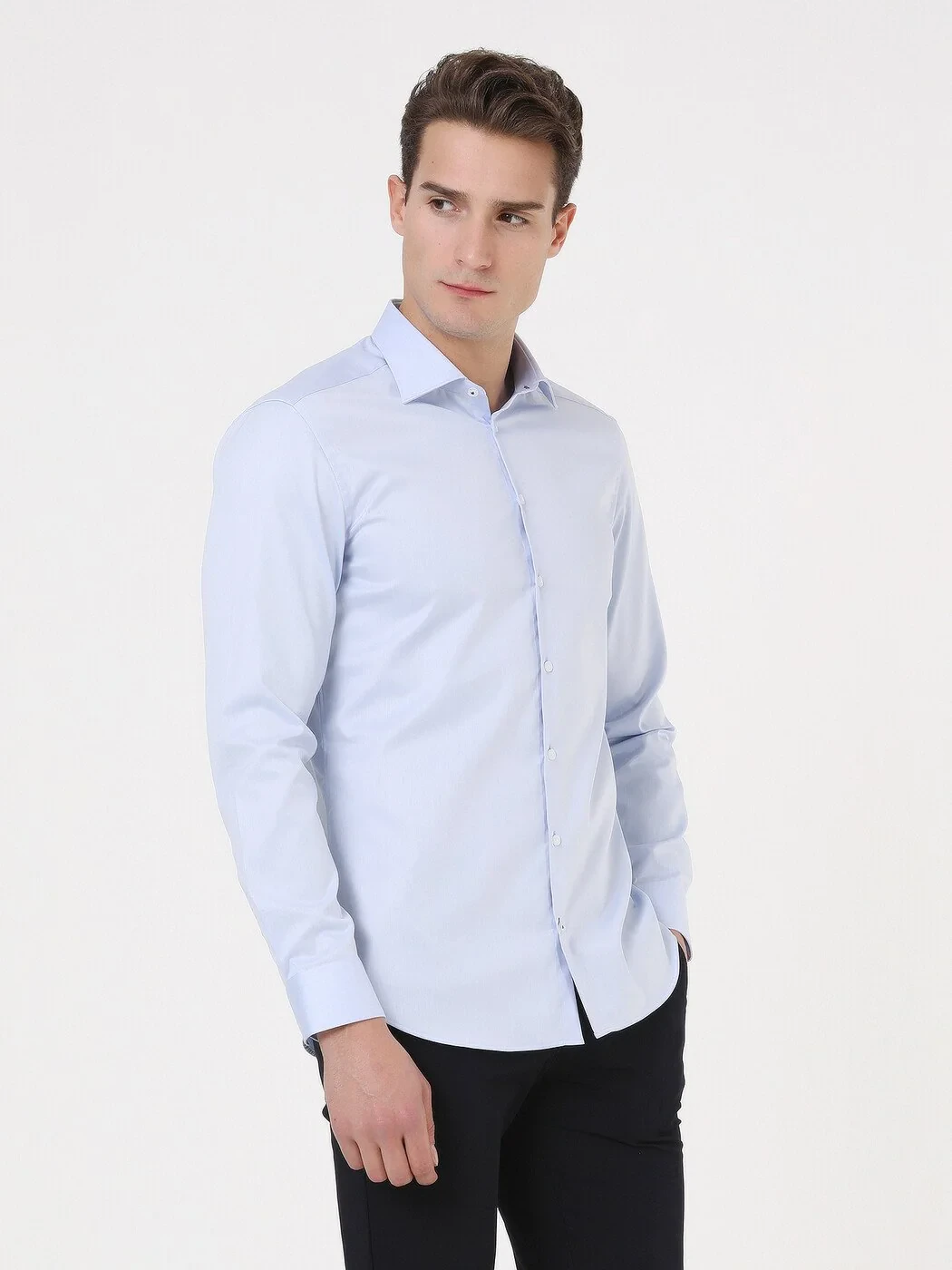 Blue Plain Slim Fit Weaving Classical 100% Cotton Shirt - 2