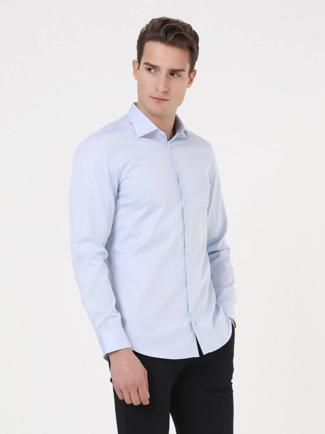 Blue Plain Slim Fit Weaving Classical 100% Cotton Shirt - 2