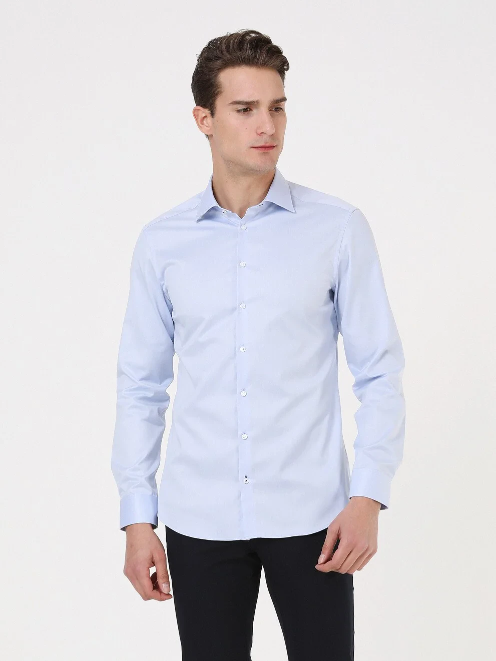 Blue Plain Slim Fit Weaving Classical 100% Cotton Shirt - 3
