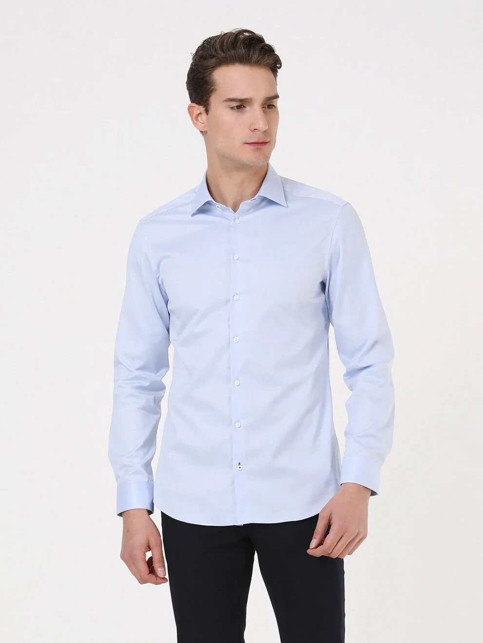 Blue Plain Slim Fit Weaving Classical 100% Cotton Shirt - 3