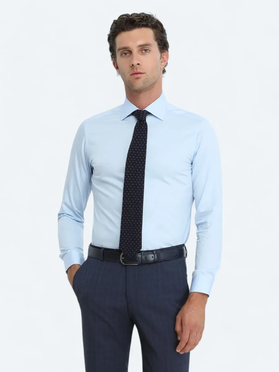 Blue Plain Slim Fit Weaving Classical 100% Cotton Shirt - 1