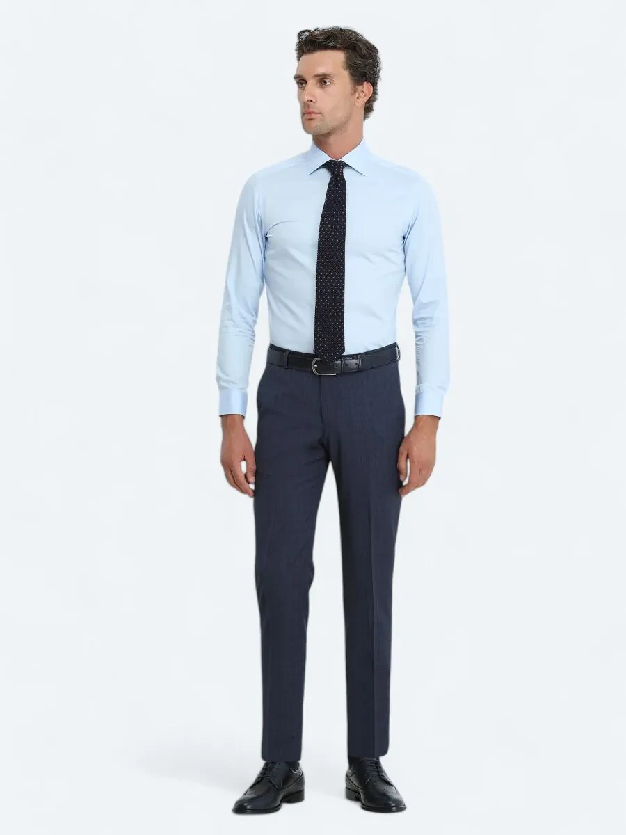 Blue Plain Slim Fit Weaving Classical 100% Cotton Shirt - 2