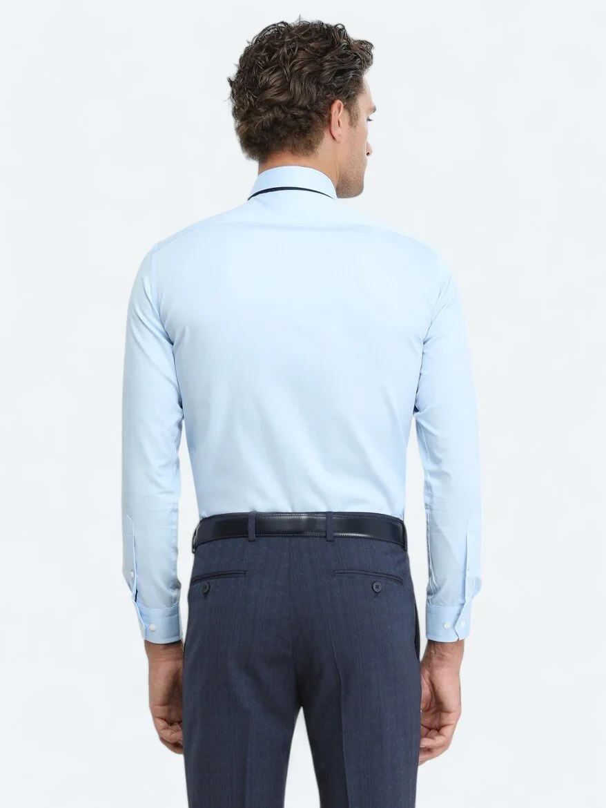 Blue Plain Slim Fit Weaving Classical 100% Cotton Shirt 