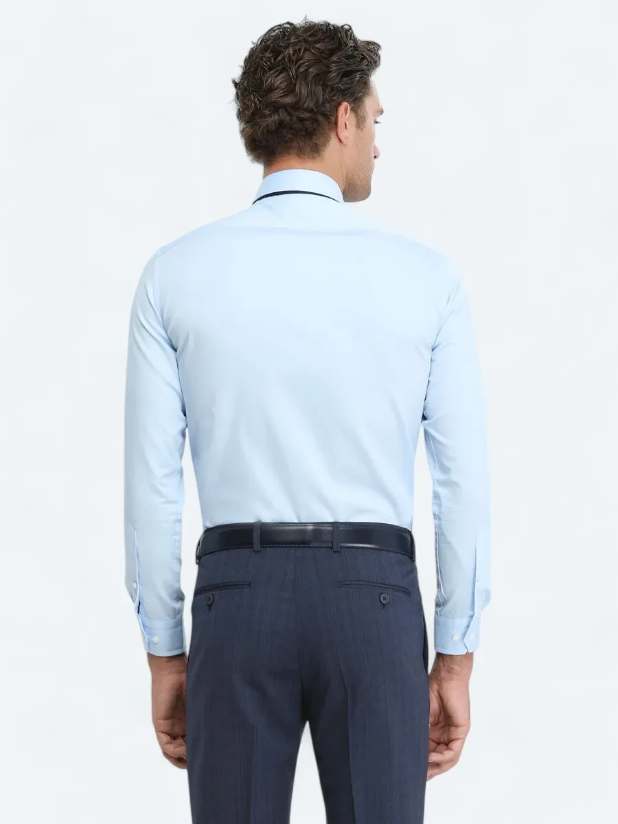 Blue Plain Slim Fit Weaving Classical 100% Cotton Shirt - 4