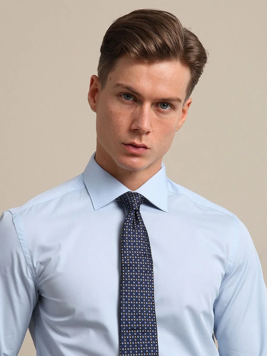 Blue Plain Slim Fit Weaving Classical Cotton Blended Shirt - 1
