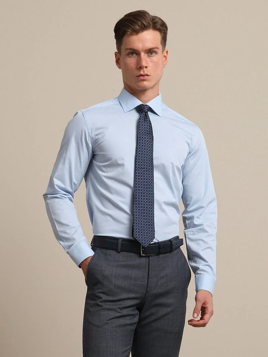 Blue Plain Slim Fit Weaving Classical Cotton Blended Shirt - 2