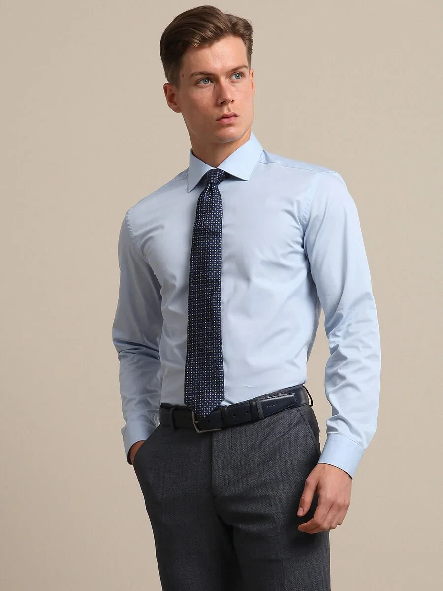 Blue Plain Slim Fit Weaving Classical Cotton Blended Shirt - 3