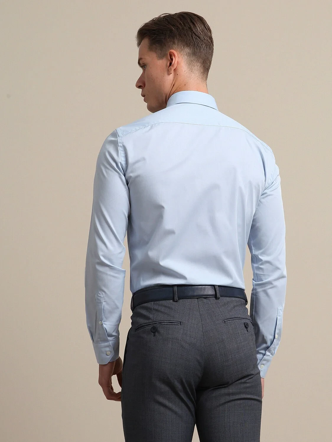 Blue Plain Slim Fit Weaving Classical Cotton Blended Shirt - 4