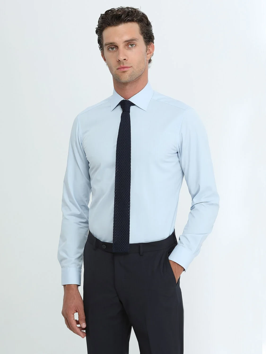 Blue Plain Slim Fit Weaving Classical Cotton Blended Shirt - 1