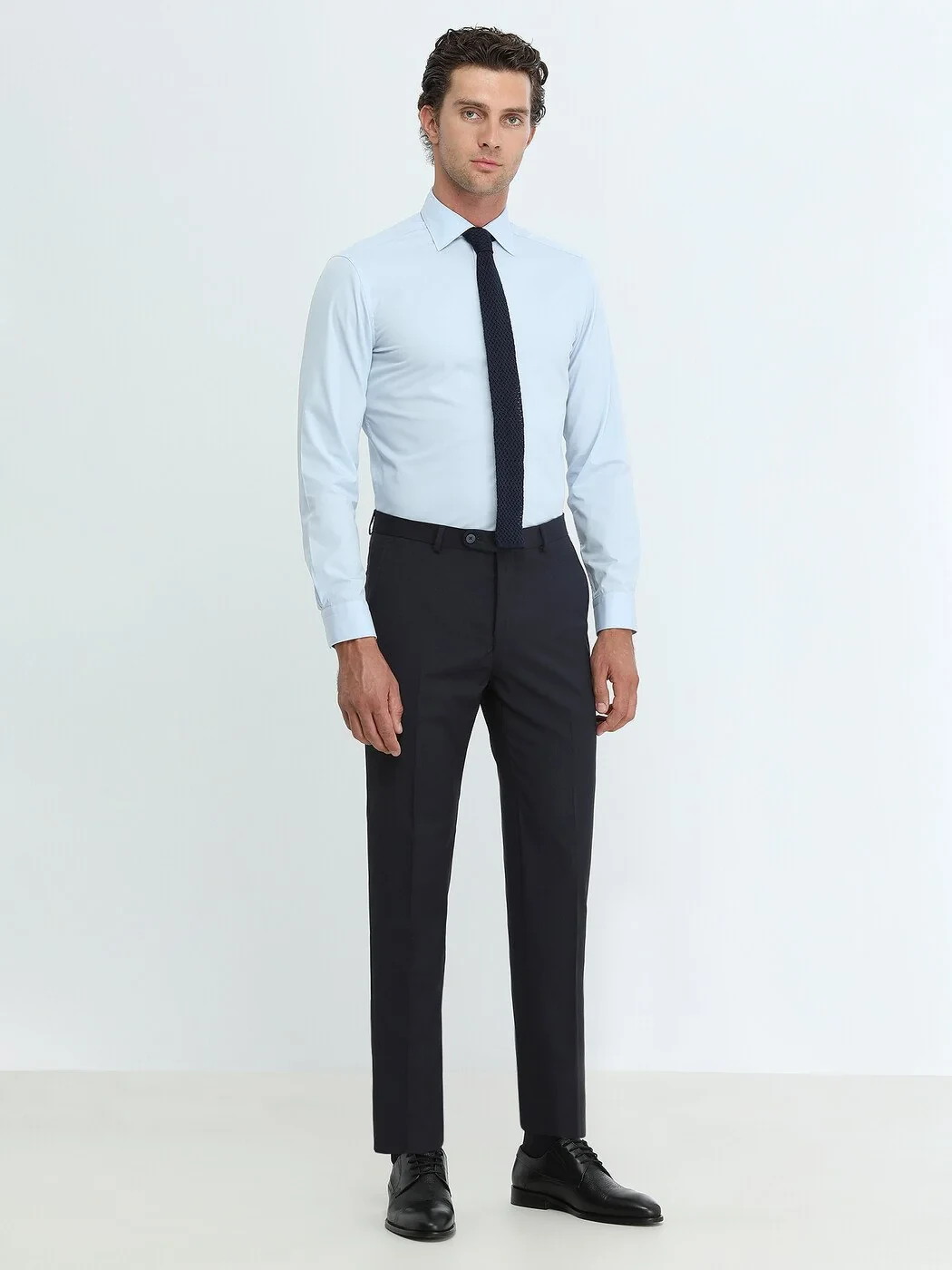 Blue Plain Slim Fit Weaving Classical Cotton Blended Shirt - 2