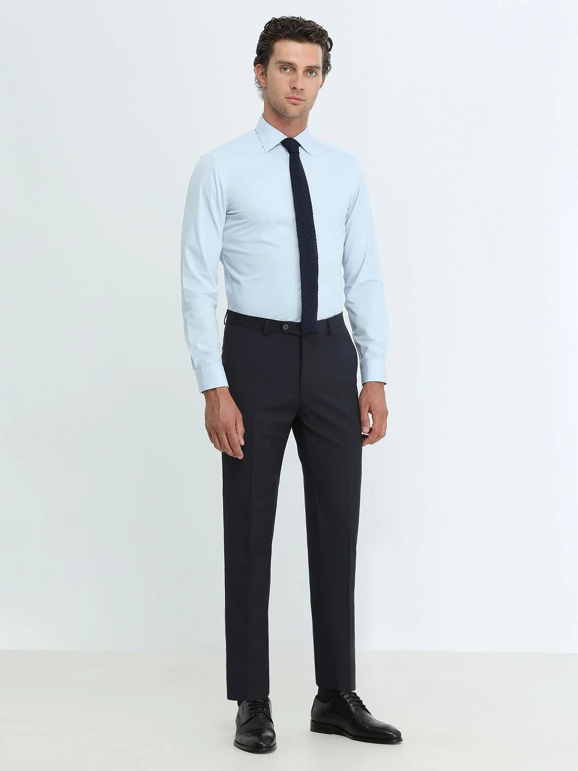 Blue Plain Slim Fit Weaving Classical Cotton Blended Shirt - 2