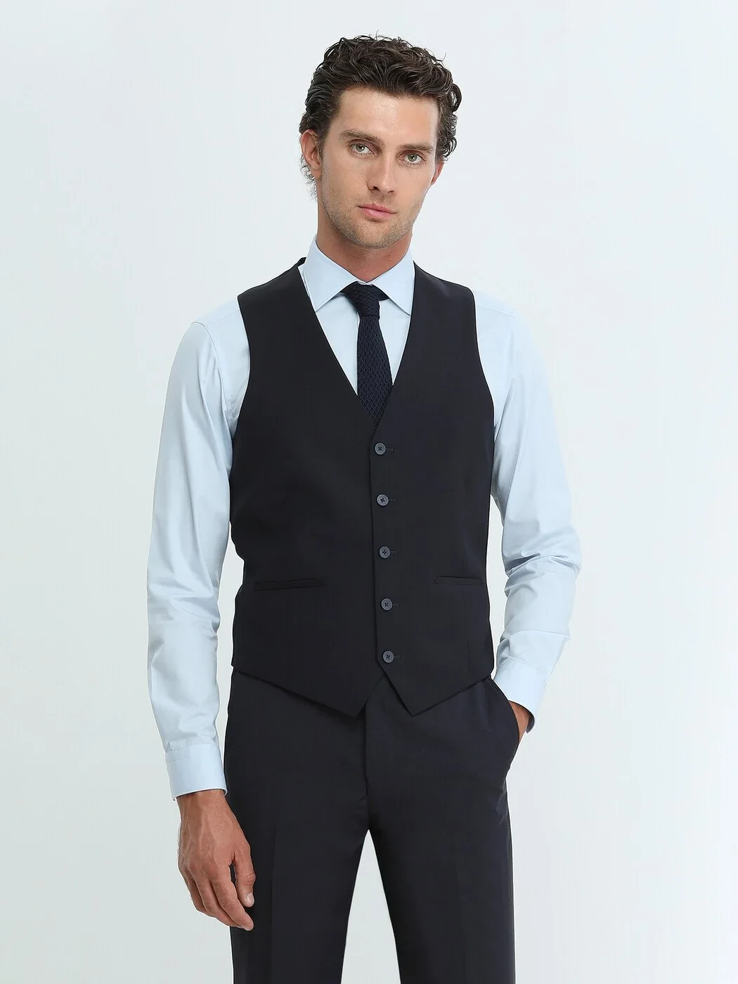 Blue Plain Slim Fit Weaving Classical Cotton Blended Shirt - 3