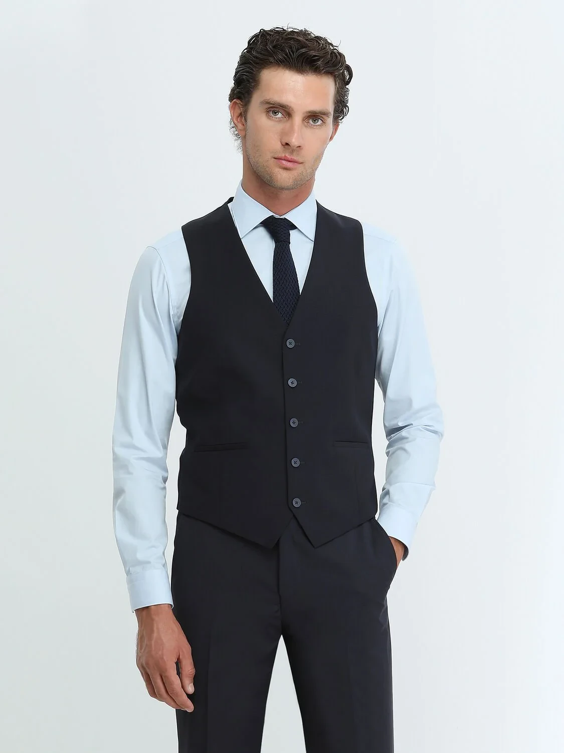 Blue Plain Slim Fit Weaving Classical Cotton Blended Shirt - 3