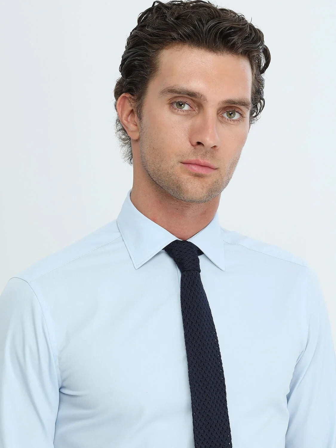 Blue Plain Slim Fit Weaving Classical Cotton Blended Shirt - 4