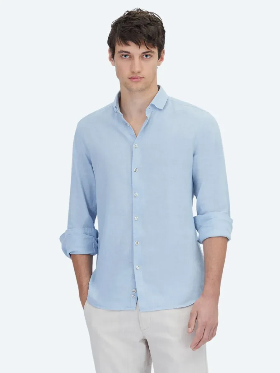 Blue Plain Weaving Casual Cotton Blended Shirt - 1