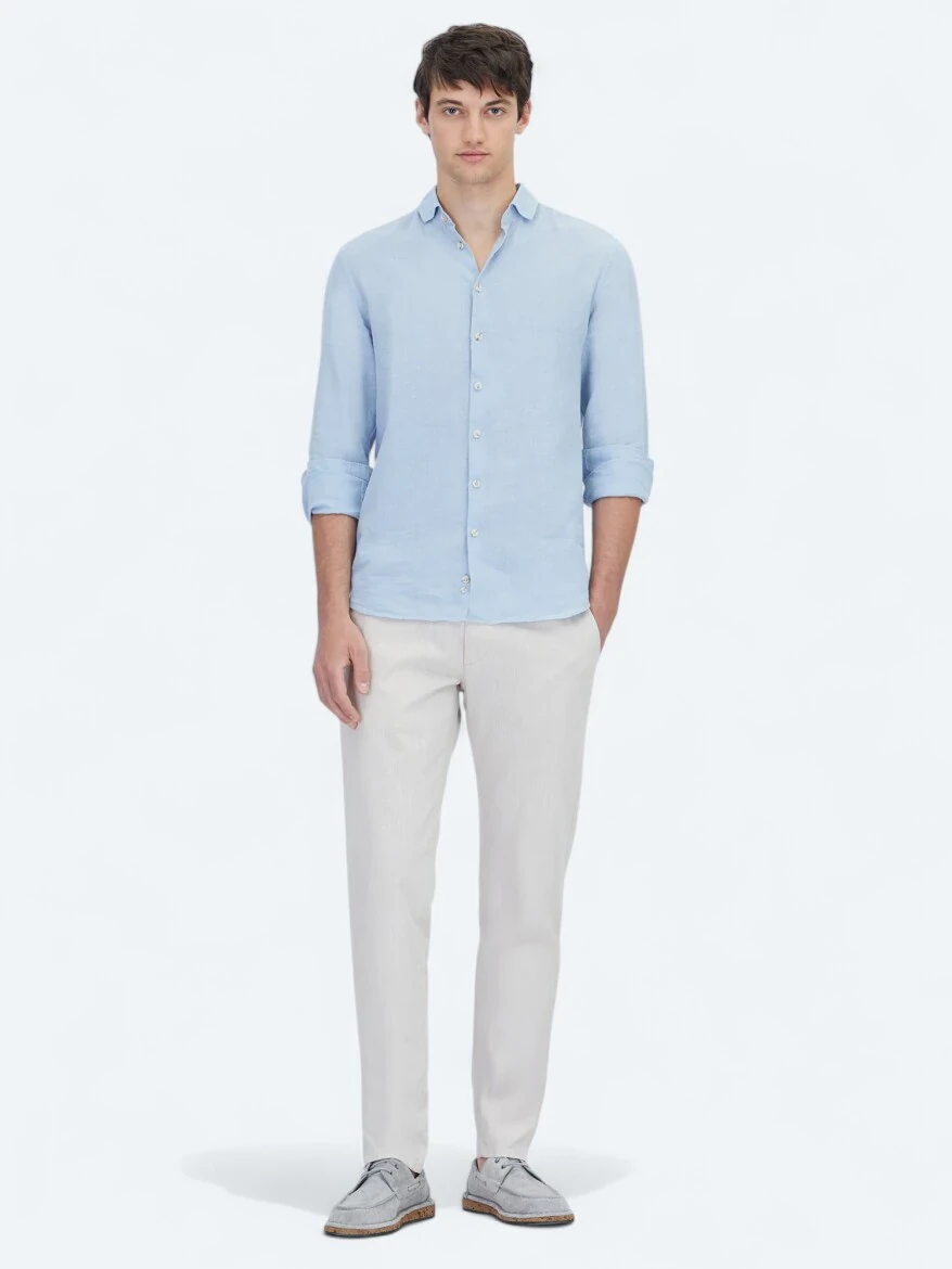 Blue Plain Weaving Casual Cotton Blended Shirt - 2