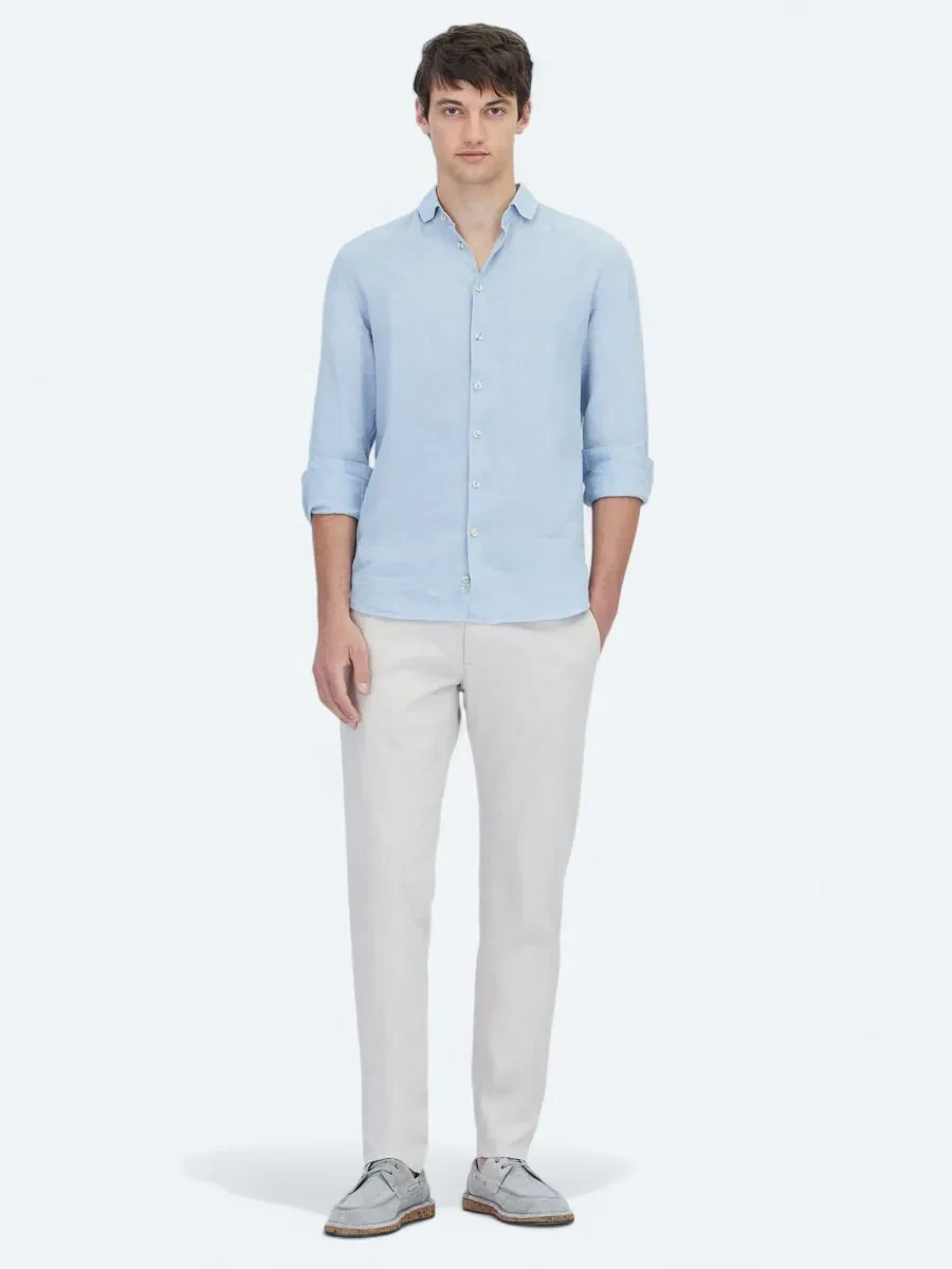 Blue Plain Weaving Casual Cotton Blended Shirt - 2