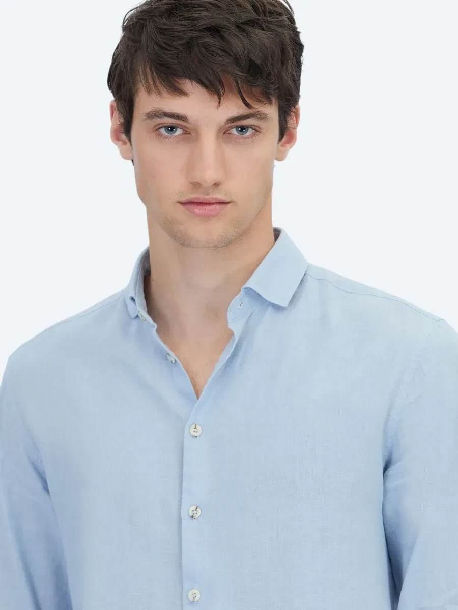 Blue Plain Weaving Casual Cotton Blended Shirt - 3