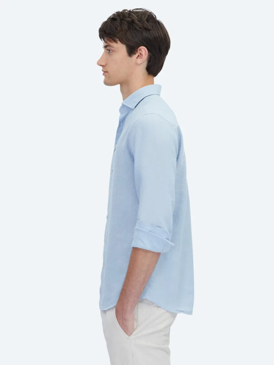 Blue Plain Weaving Casual Cotton Blended Shirt 