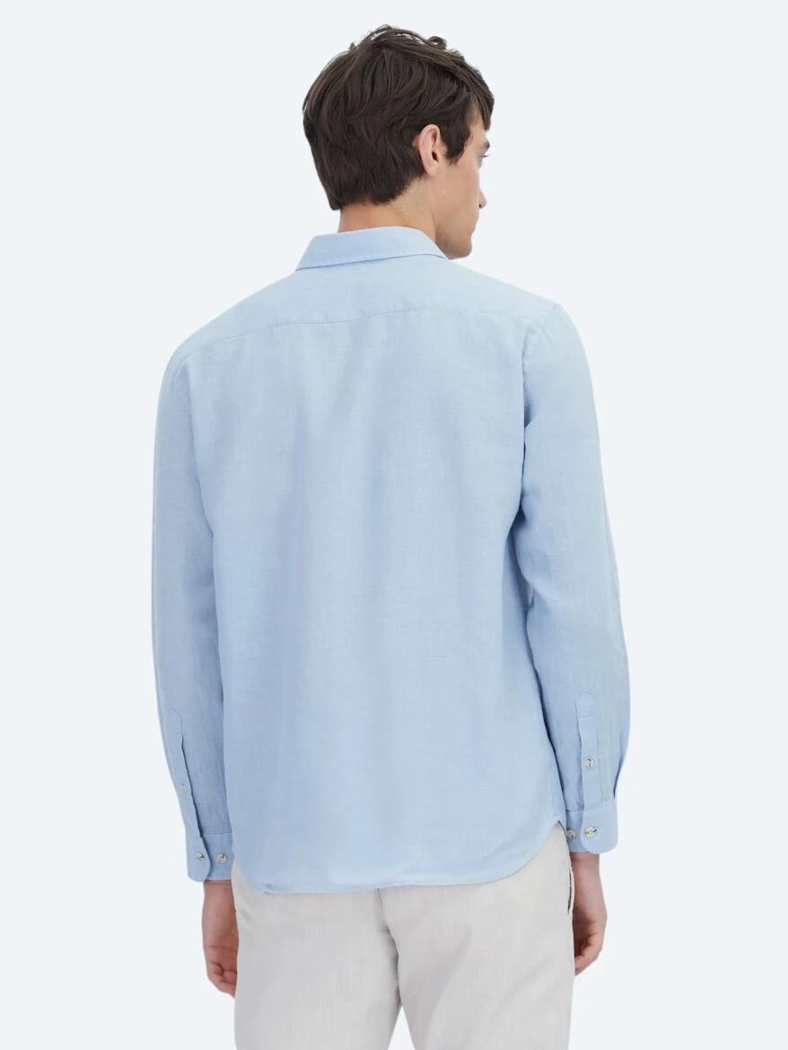 Blue Plain Weaving Casual Cotton Blended Shirt - 5