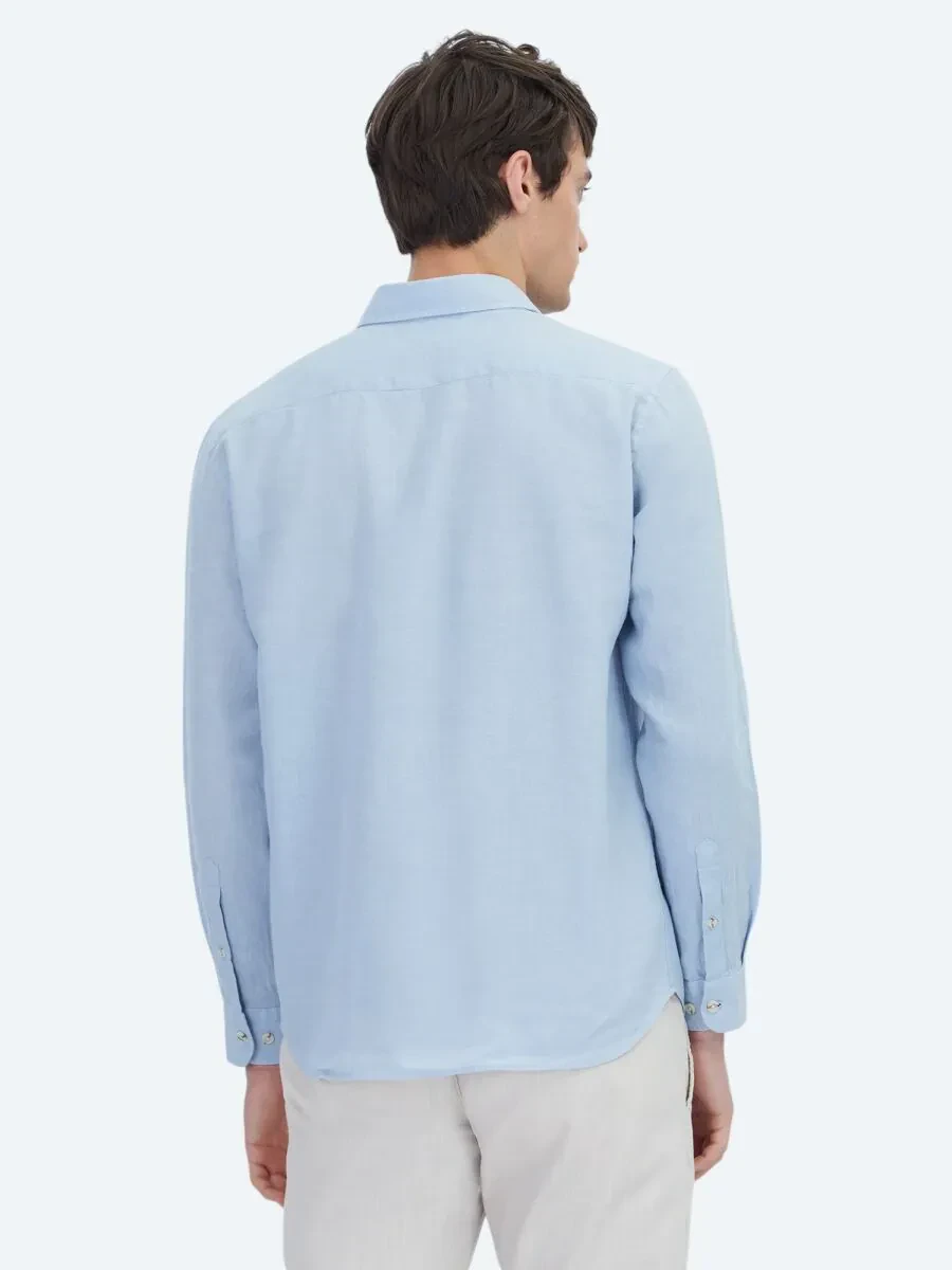Blue Plain Weaving Casual Cotton Blended Shirt - 5