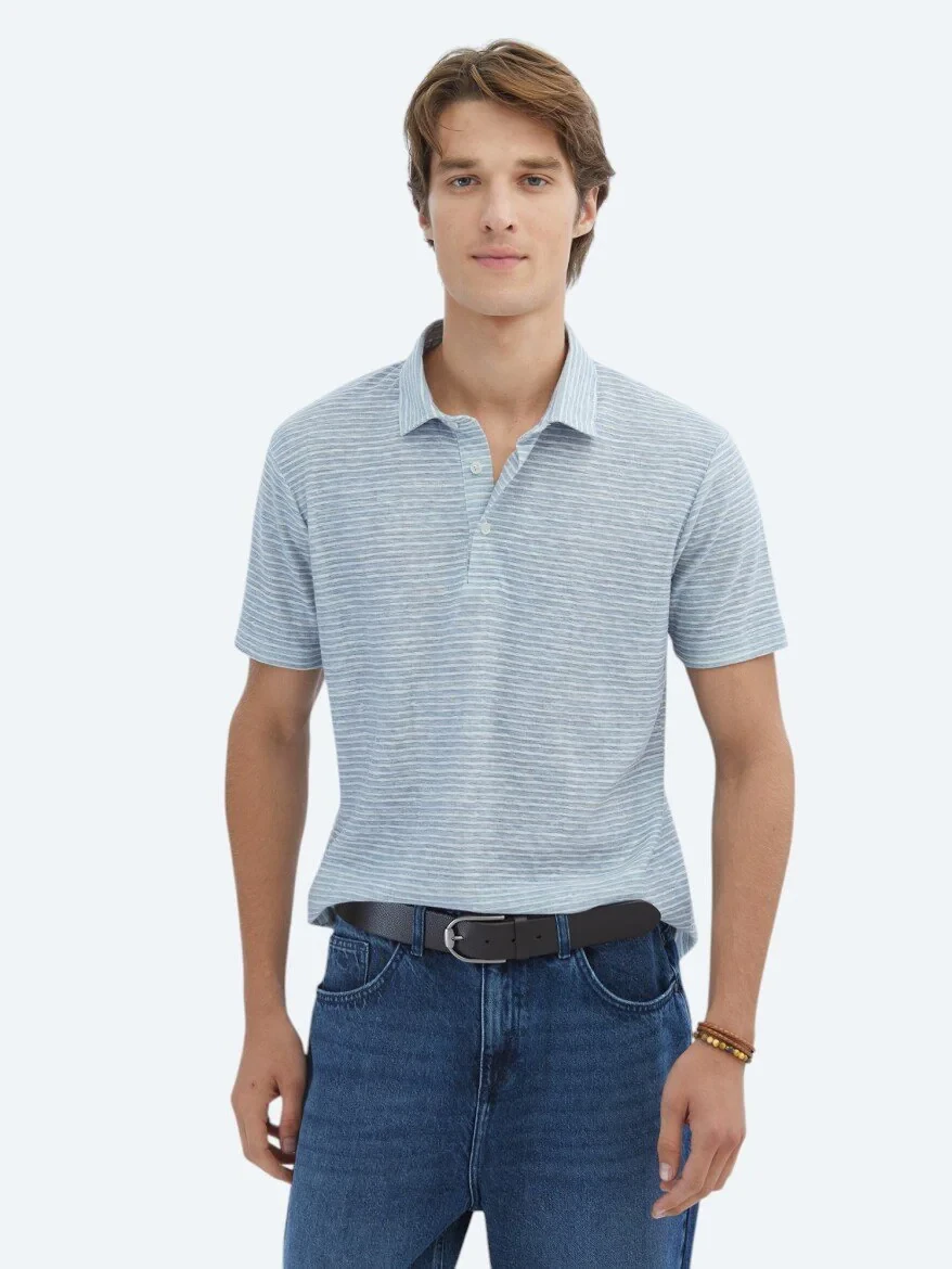 Blue Printed Polo Neck Cotton Blended T-Shirt - 1