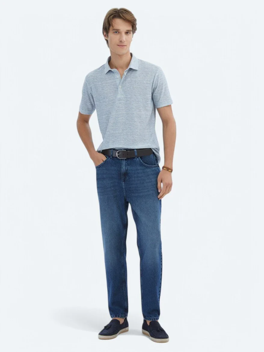 Blue Printed Polo Neck Cotton Blended T-Shirt - 2