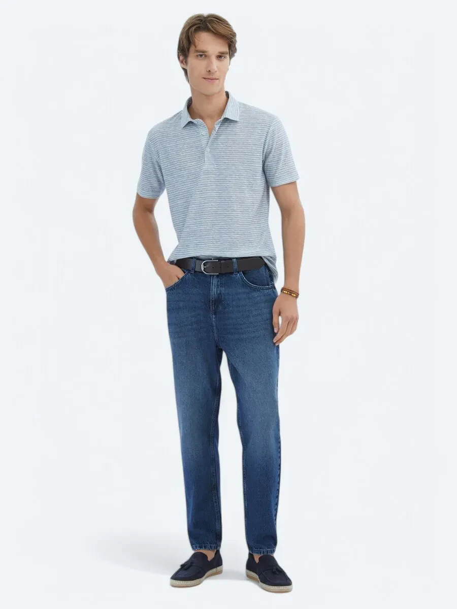 Blue Printed Polo Neck Cotton Blended T-Shirt - 2