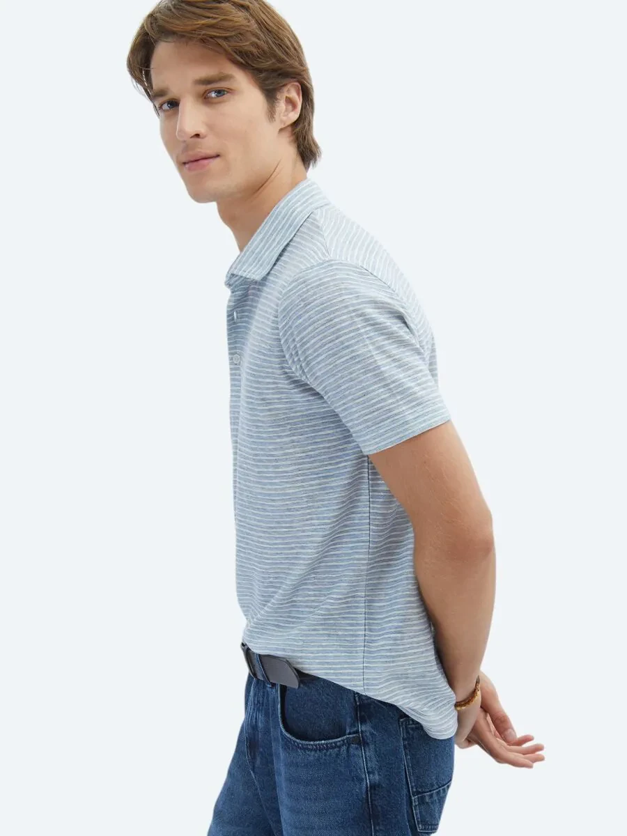 Blue Printed Polo Neck Cotton Blended T-Shirt - 3