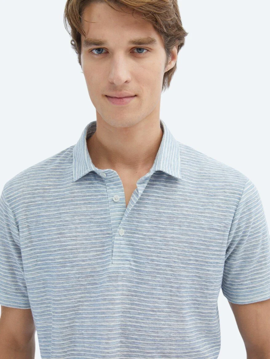 Blue Printed Polo Neck Cotton Blended T-Shirt - 4