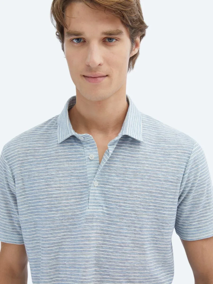 Blue Printed Polo Neck Cotton Blended T-Shirt - 4