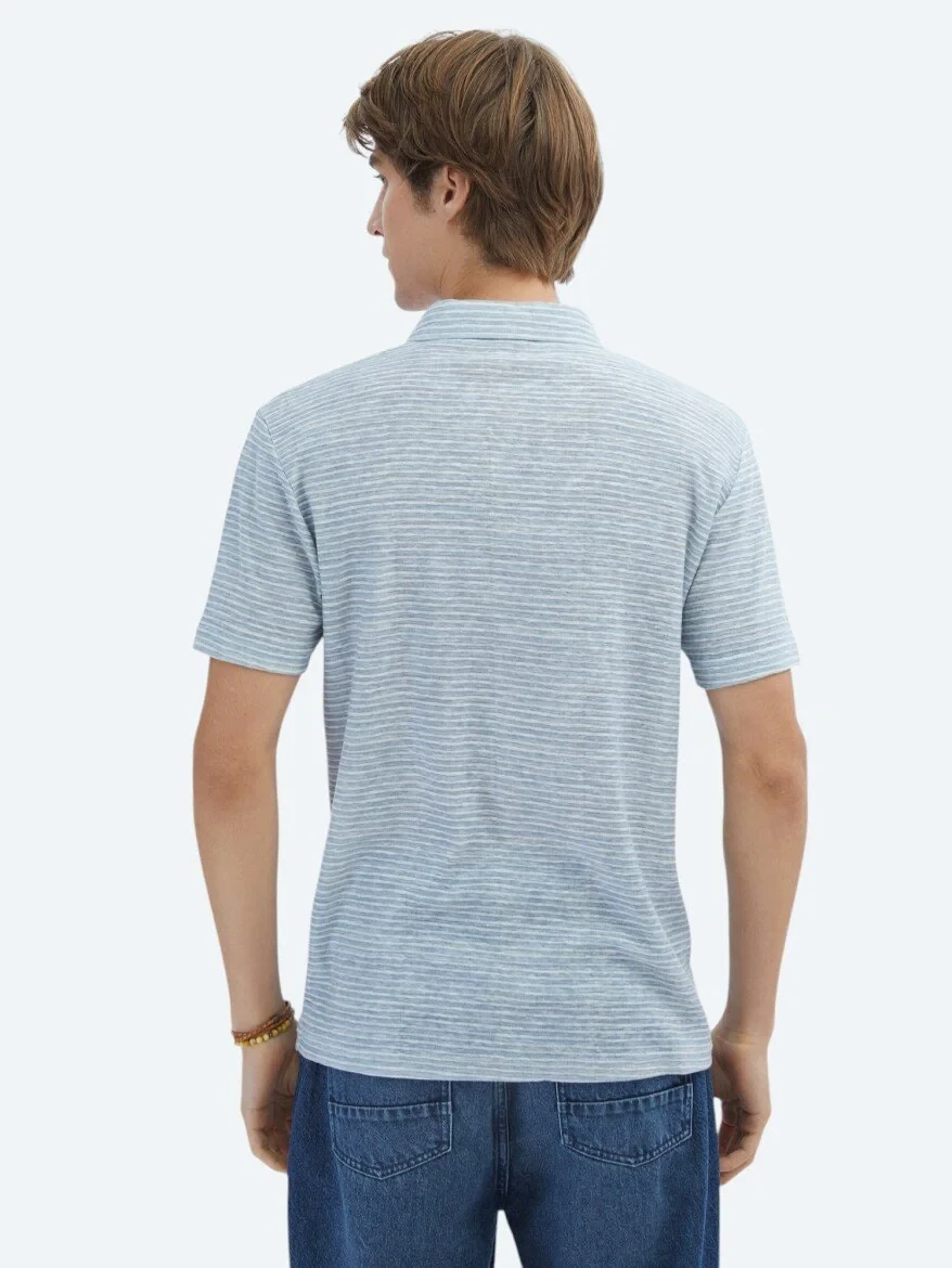 Blue Printed Polo Neck Cotton Blended T-Shirt - 6