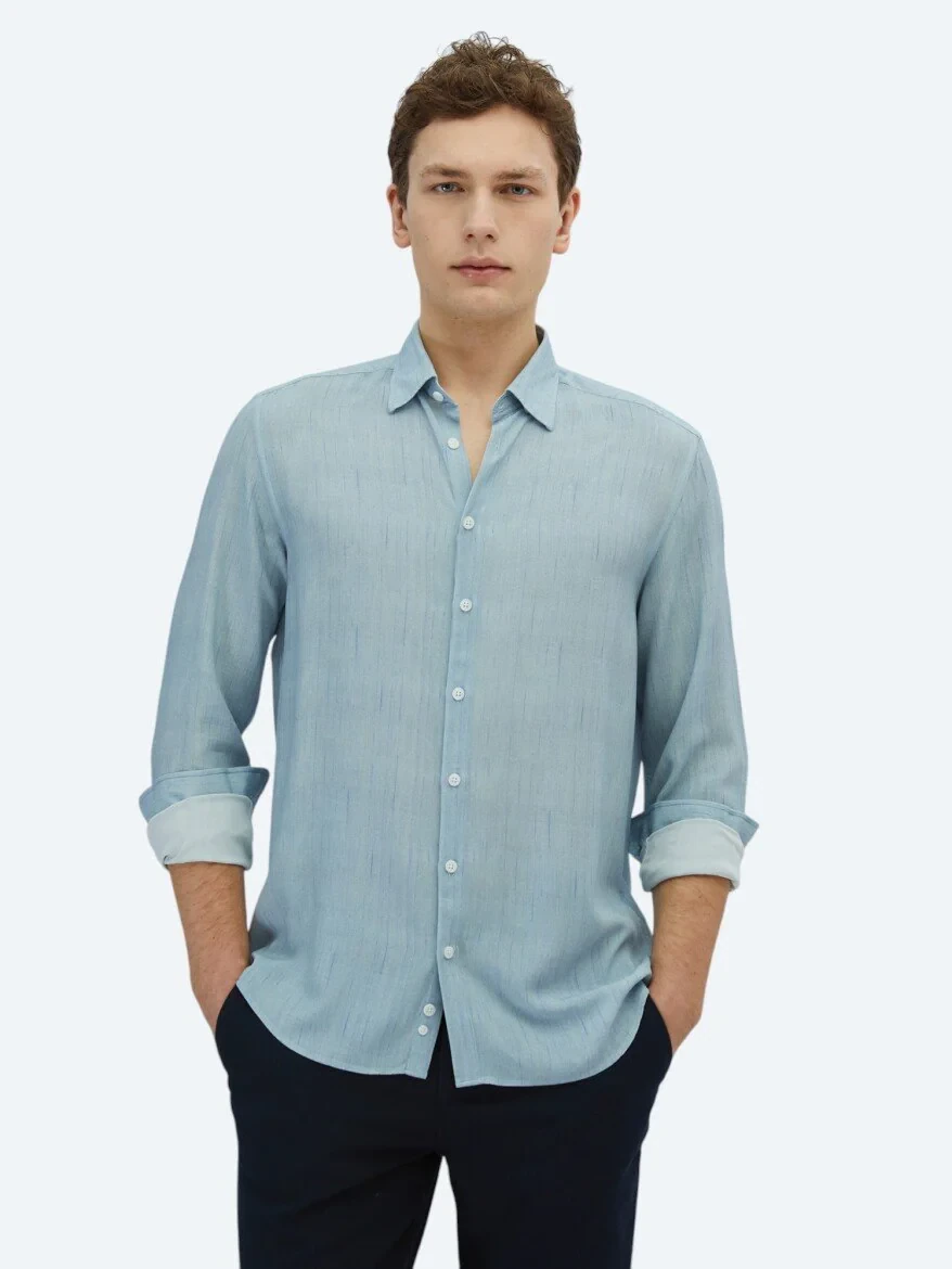 Blue Printed Regular Fit Weaving Casual Shirt - 1