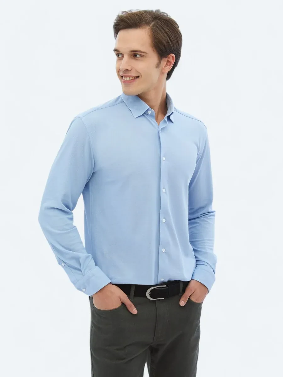 Blue Regular Fit Knitting Casual Cotton Blended Shirt - 1
