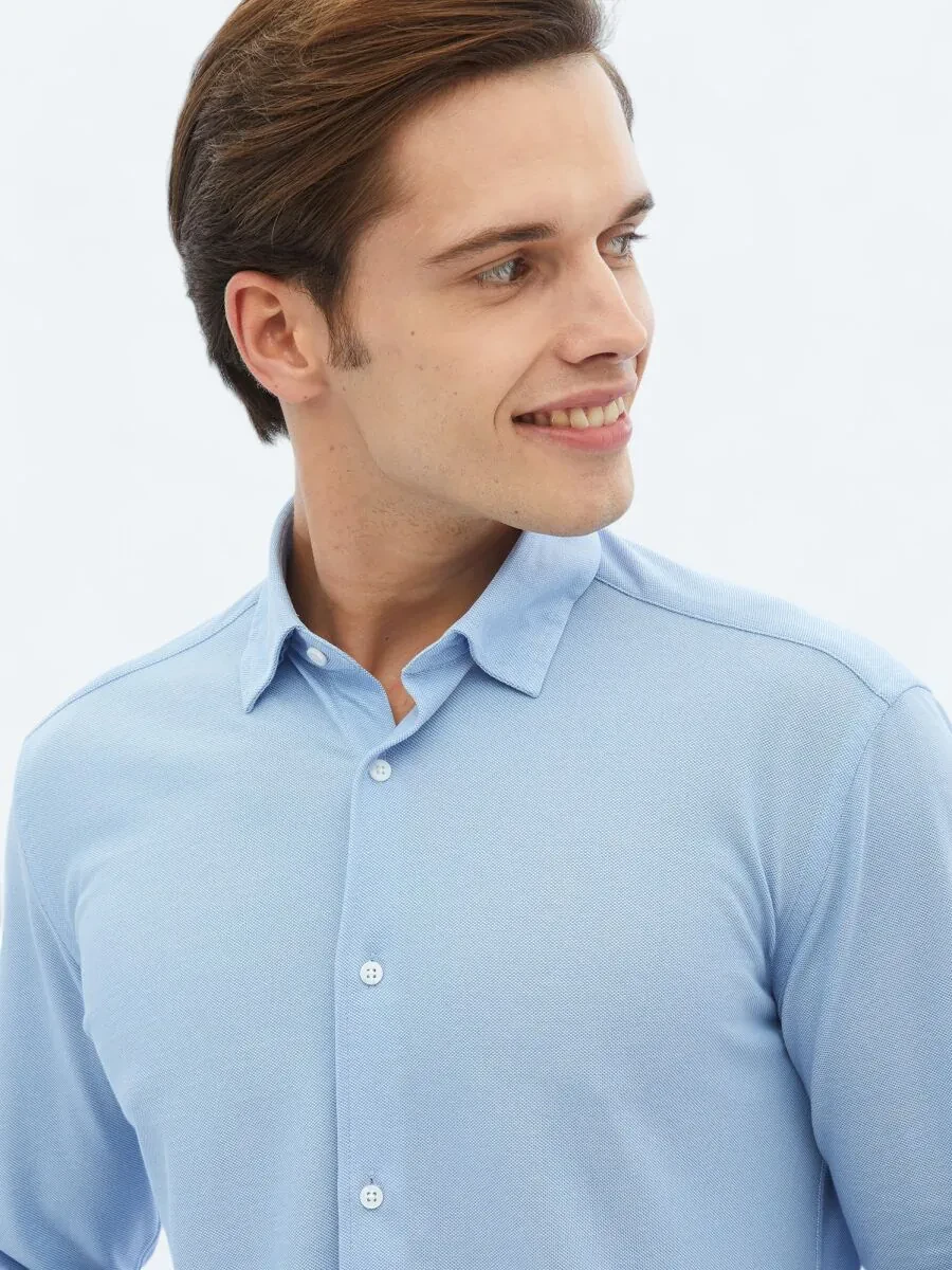 Blue Regular Fit Knitting Casual Cotton Blended Shirt - 3