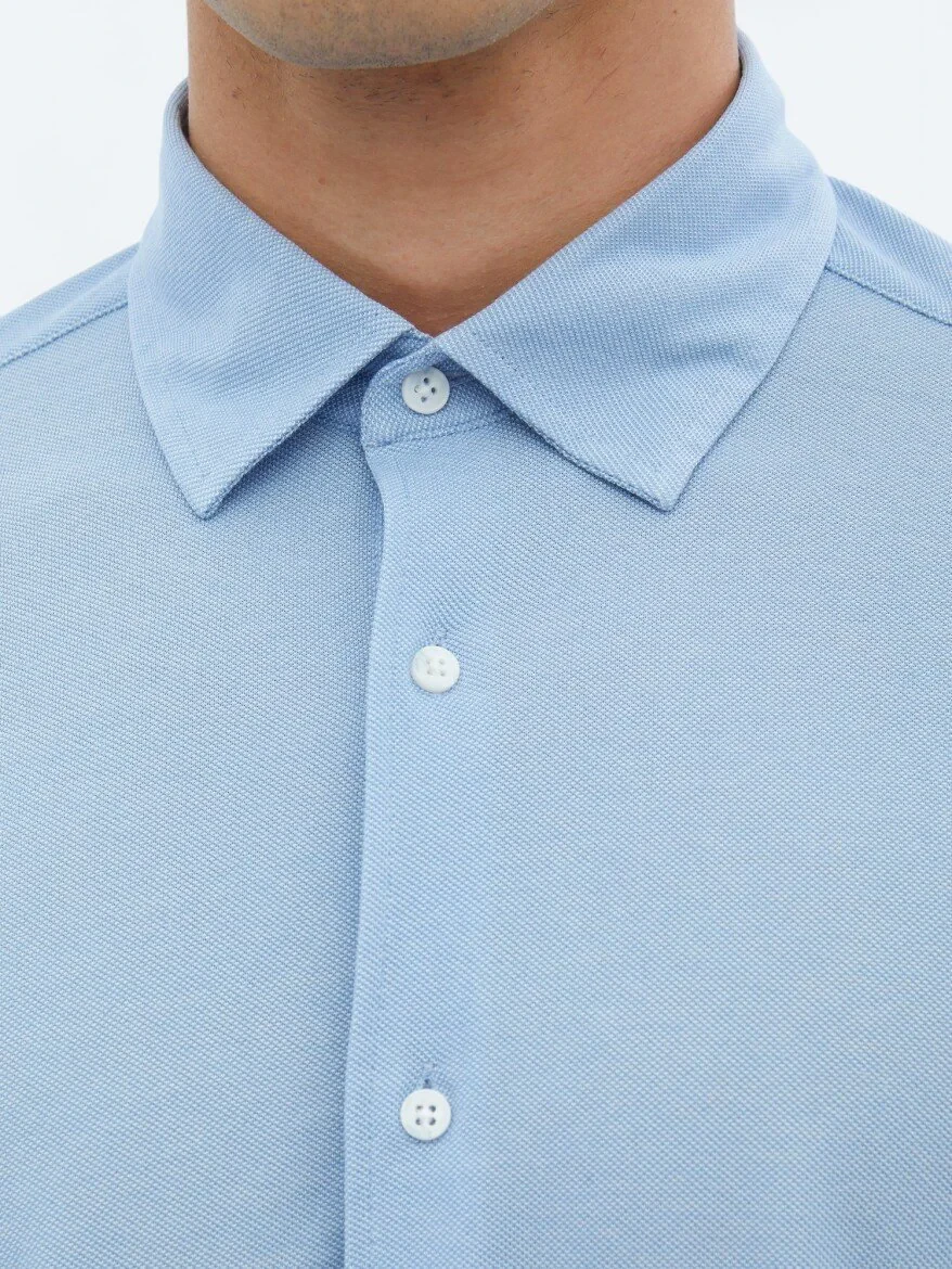 Blue Regular Fit Knitting Casual Cotton Blended Shirt 