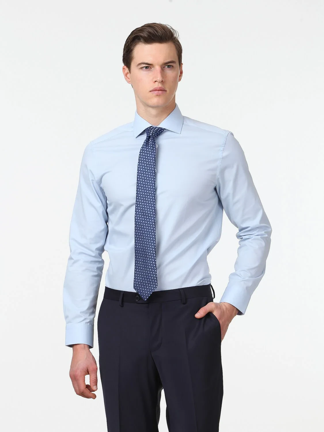 Blue Regular Fit Weaving Classical Cotton Blended Shirt - 2
