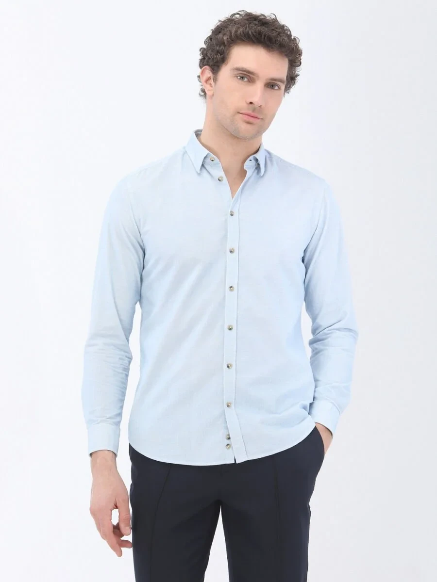 Blue Ribbed Regular Fit Weaving Casual 100% Cotton Shirt - 1