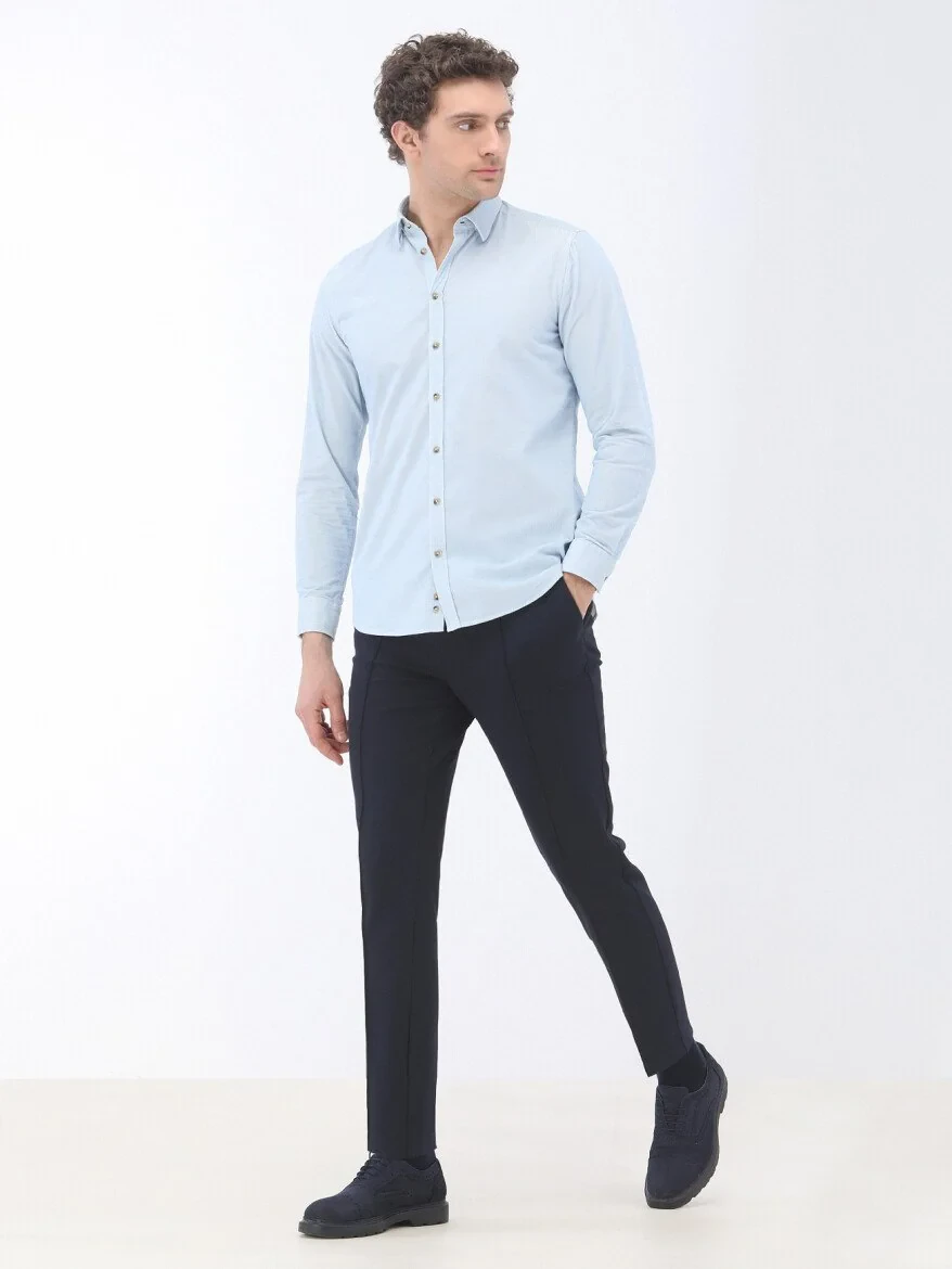 Blue Ribbed Regular Fit Weaving Casual 100% Cotton Shirt - 2