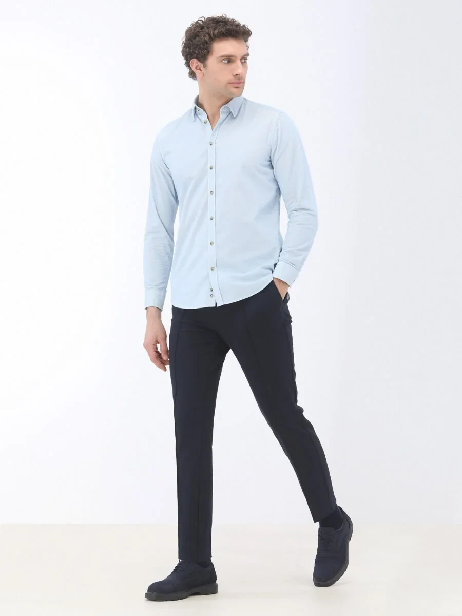 Blue Ribbed Regular Fit Weaving Casual 100% Cotton Shirt - 2