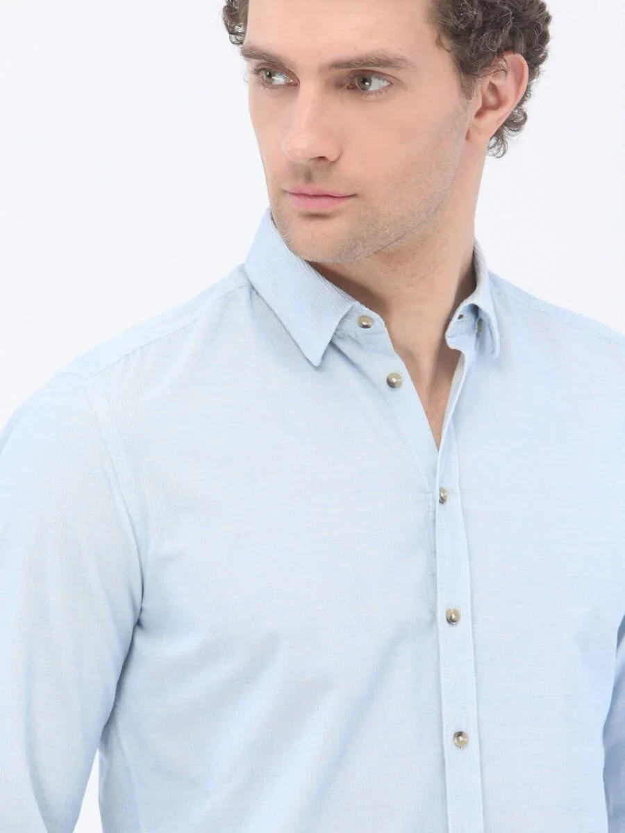 Blue Ribbed Regular Fit Weaving Casual 100% Cotton Shirt - 3