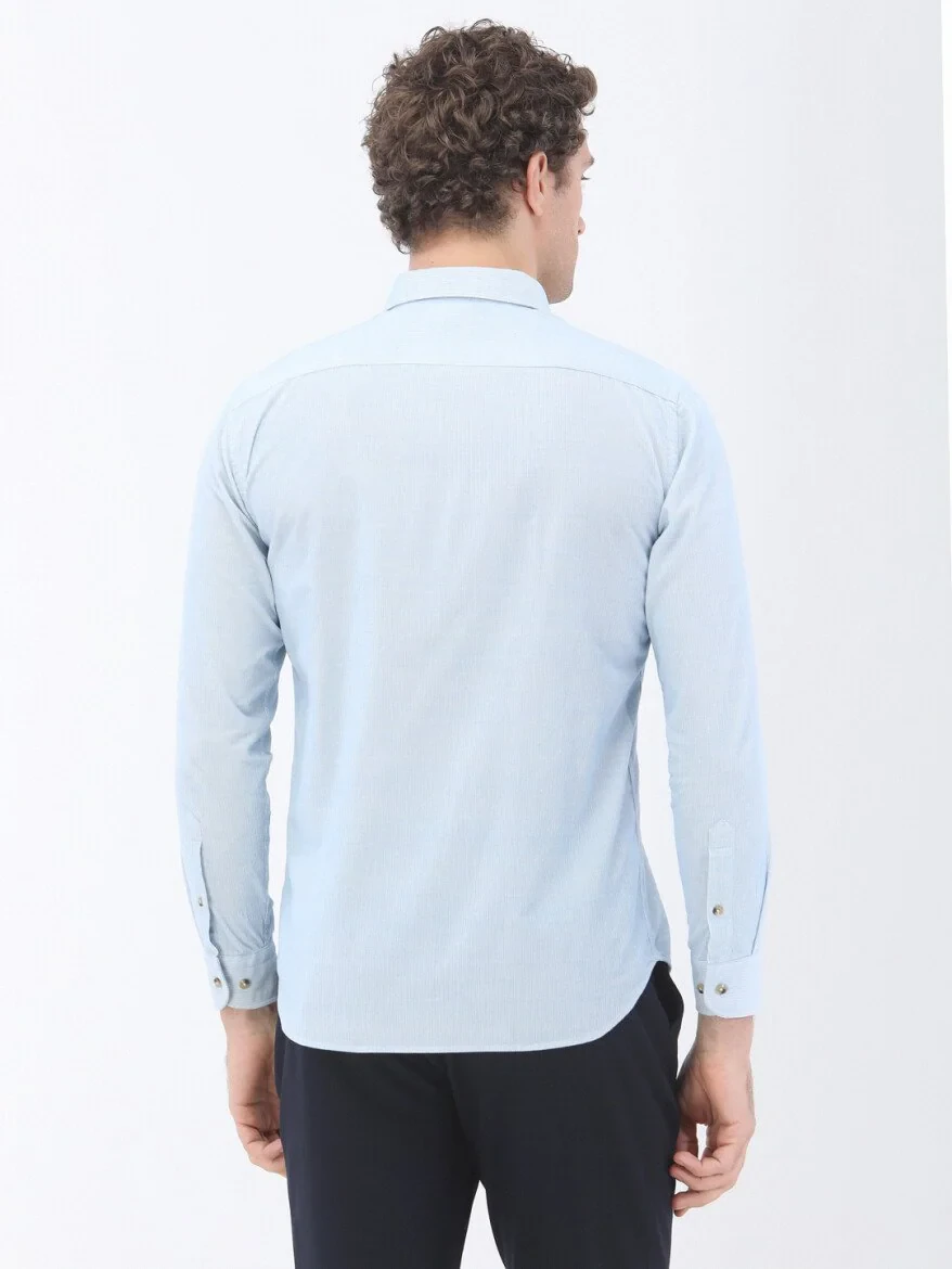 Blue Ribbed Regular Fit Weaving Casual 100% Cotton Shirt 