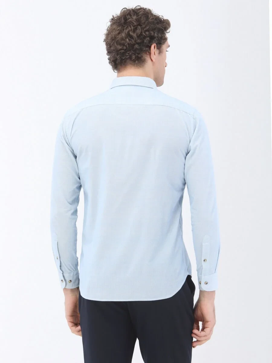 Blue Ribbed Regular Fit Weaving Casual 100% Cotton Shirt - 4