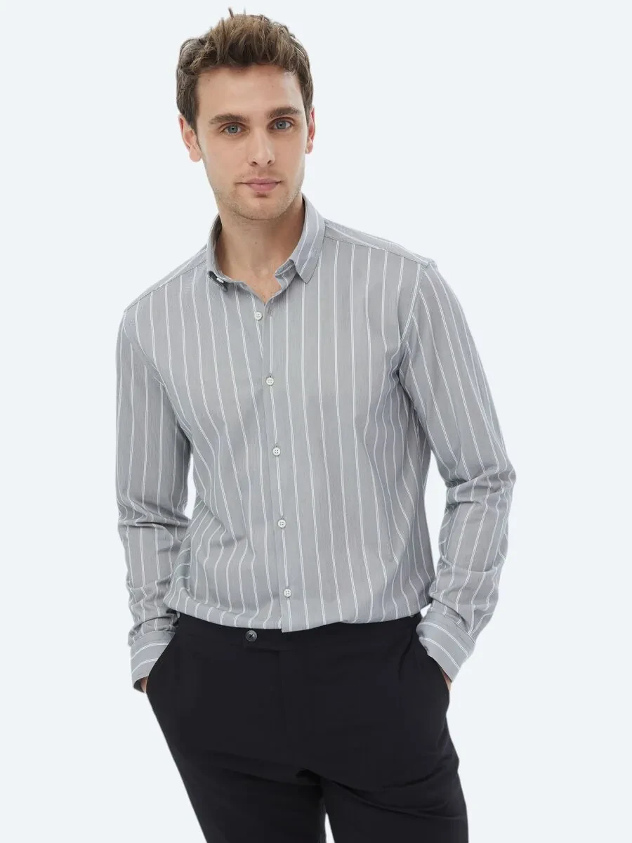 Blue Striped Regular Fit Knitting Casual Cotton Blended Shirt - 1