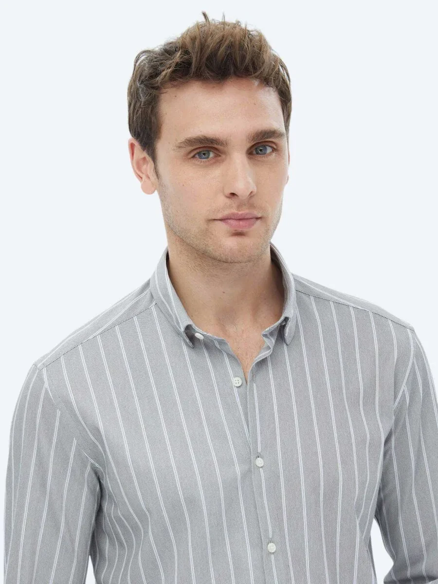 Blue Striped Regular Fit Knitting Casual Cotton Blended Shirt - 3
