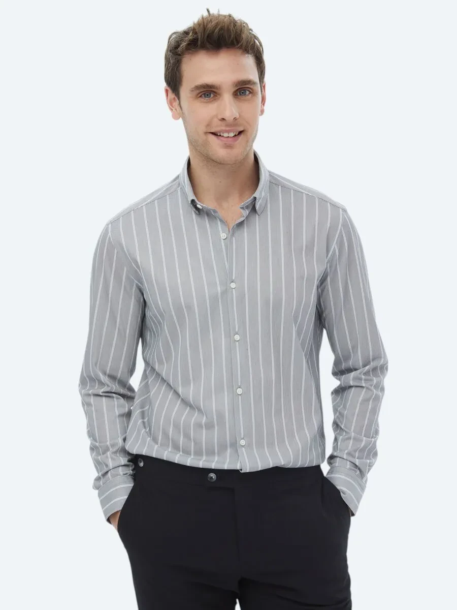 Blue Striped Regular Fit Knitting Casual Cotton Blended Shirt - 4