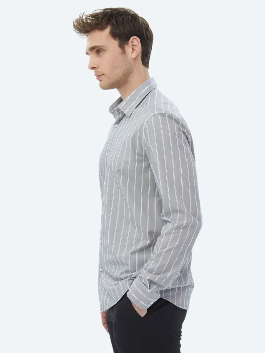 Blue Striped Regular Fit Knitting Casual Cotton Blended Shirt - 6