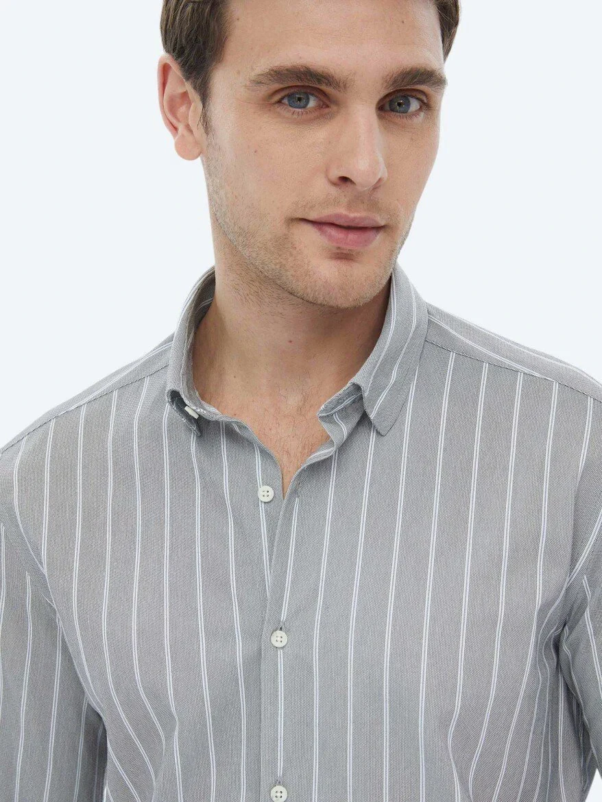 Blue Striped Regular Fit Knitting Casual Cotton Blended Shirt - 8