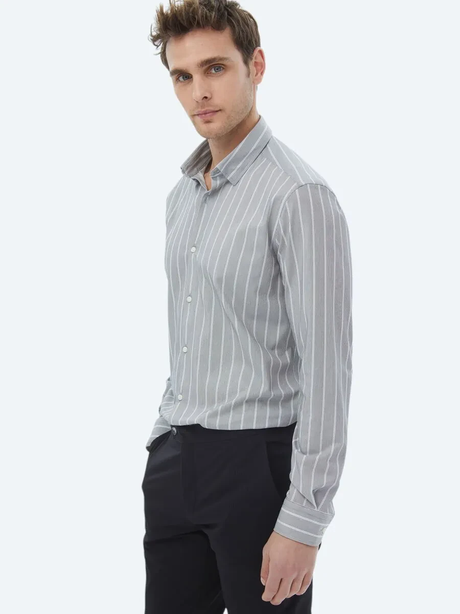 Blue Striped Regular Fit Knitting Casual Cotton Blended Shirt - 11