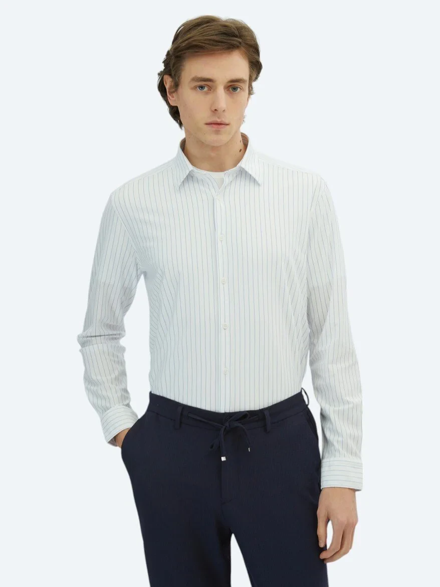 Blue Striped Regular Fit Knitting Casual Cotton Blended Shirt - 1